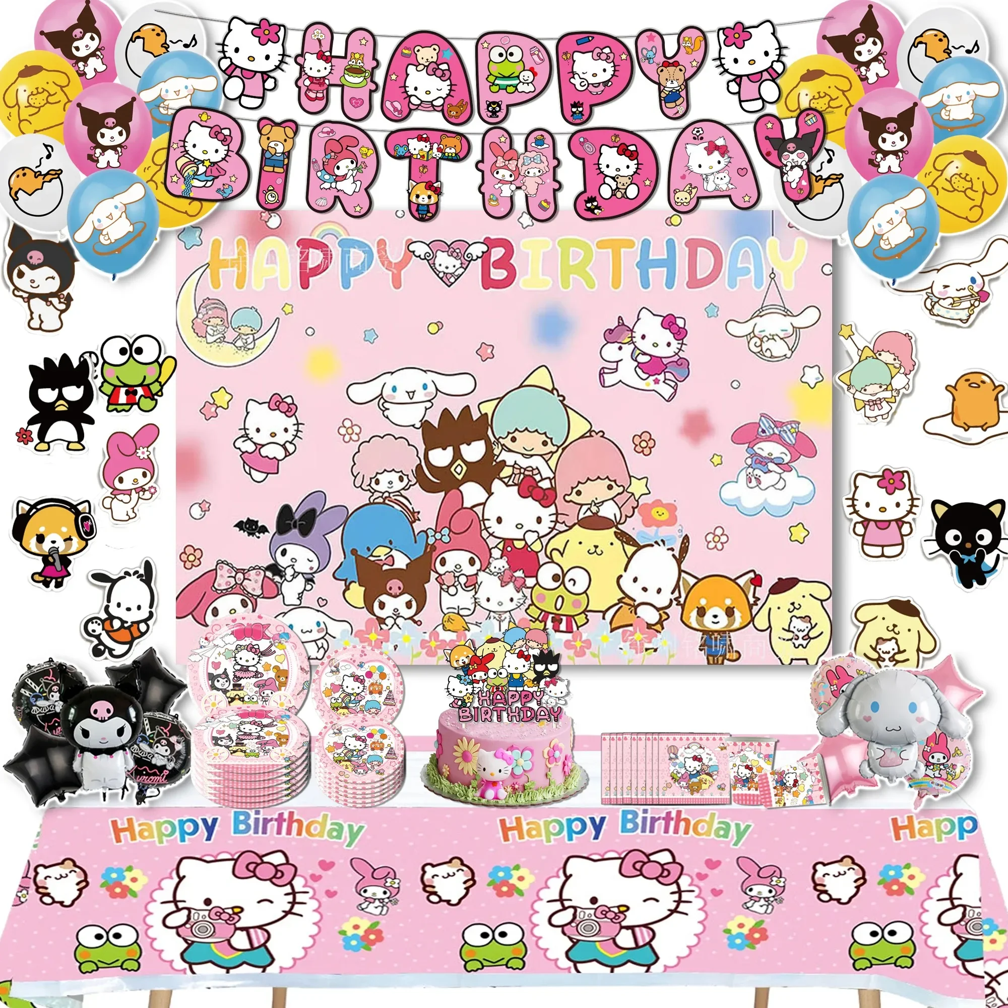 Serie Sanrio Hello Kitty fiesta de cumpleaños lindo plato de cubiertos Kulomi cartel desechable Topper colgante bandera globos conjunto cumpleaños