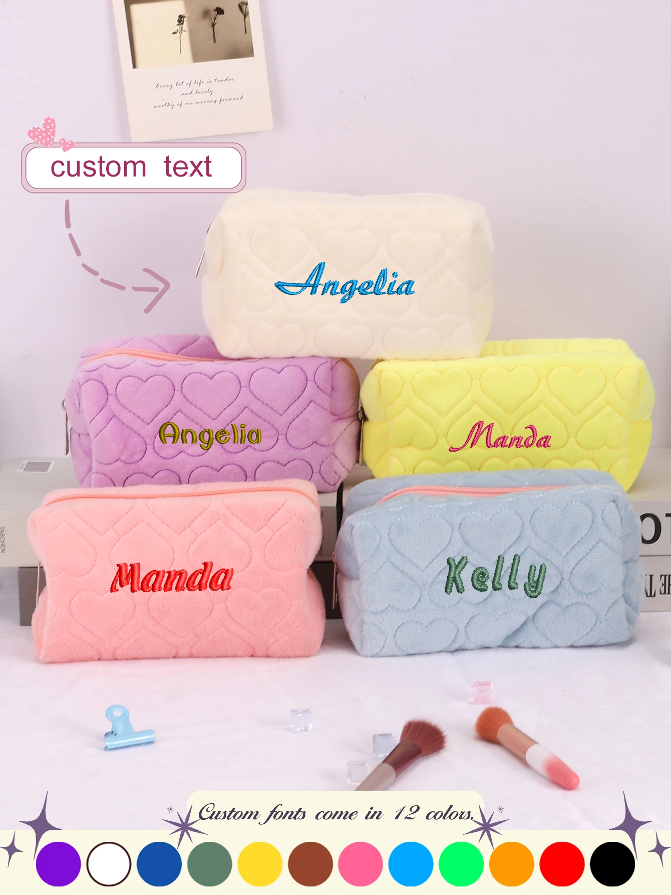 Heart Pattern Pen Pouch Custom Embroidered Name Soft Pencil Storage Bag Zipper Stationery Case 10 Color Options Back to School