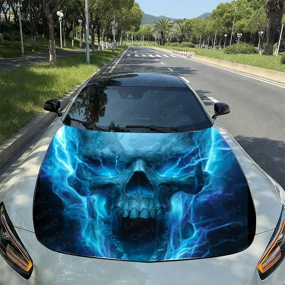 Blue Eyed Horror Skull Car Hood Vinyl Sticker Wrap, Universal Engine Cover Decal, Durable Paper Material, Protective Film For Ve