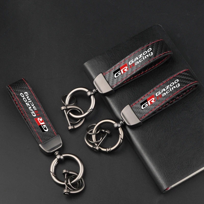 Leather Carbon Fiber Car Ring Keychain Trinket Zinc Alloy Keyrings Rotate 360 Degrees For Toyota Gr Gazoo Racing