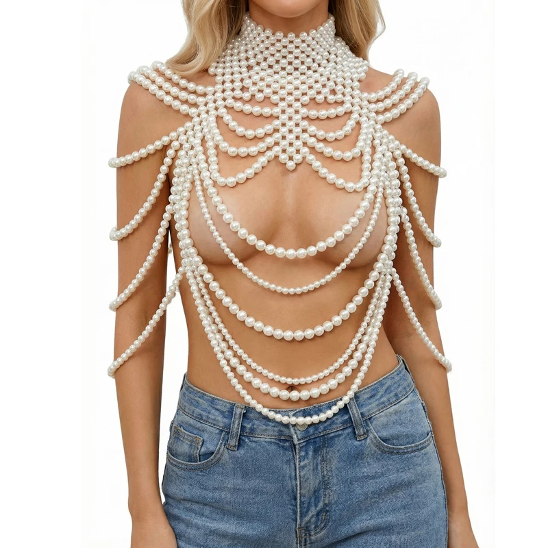 Luxus-Kopie Damen T-Shirts und Polos Mehrschichtige Perlen-Körperkette Schulterkette Elegantes Braut-Party-Statement-Accessoire 2026 – Detail 1