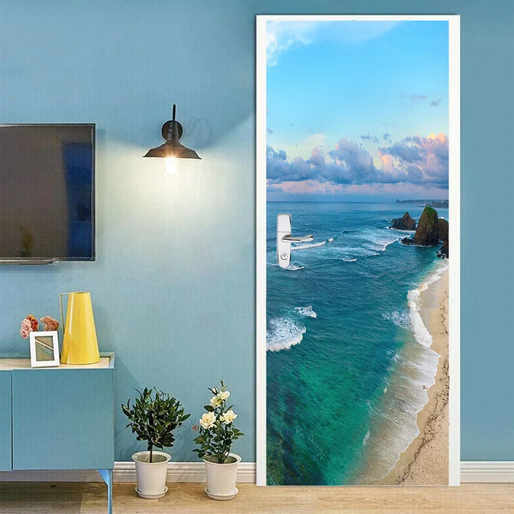 Beach Lake Landscape Door Sticker Wallpaper Peel And Stick 3D Nature Mountain Door Poster Sticker for Bedroom Living Room Decor