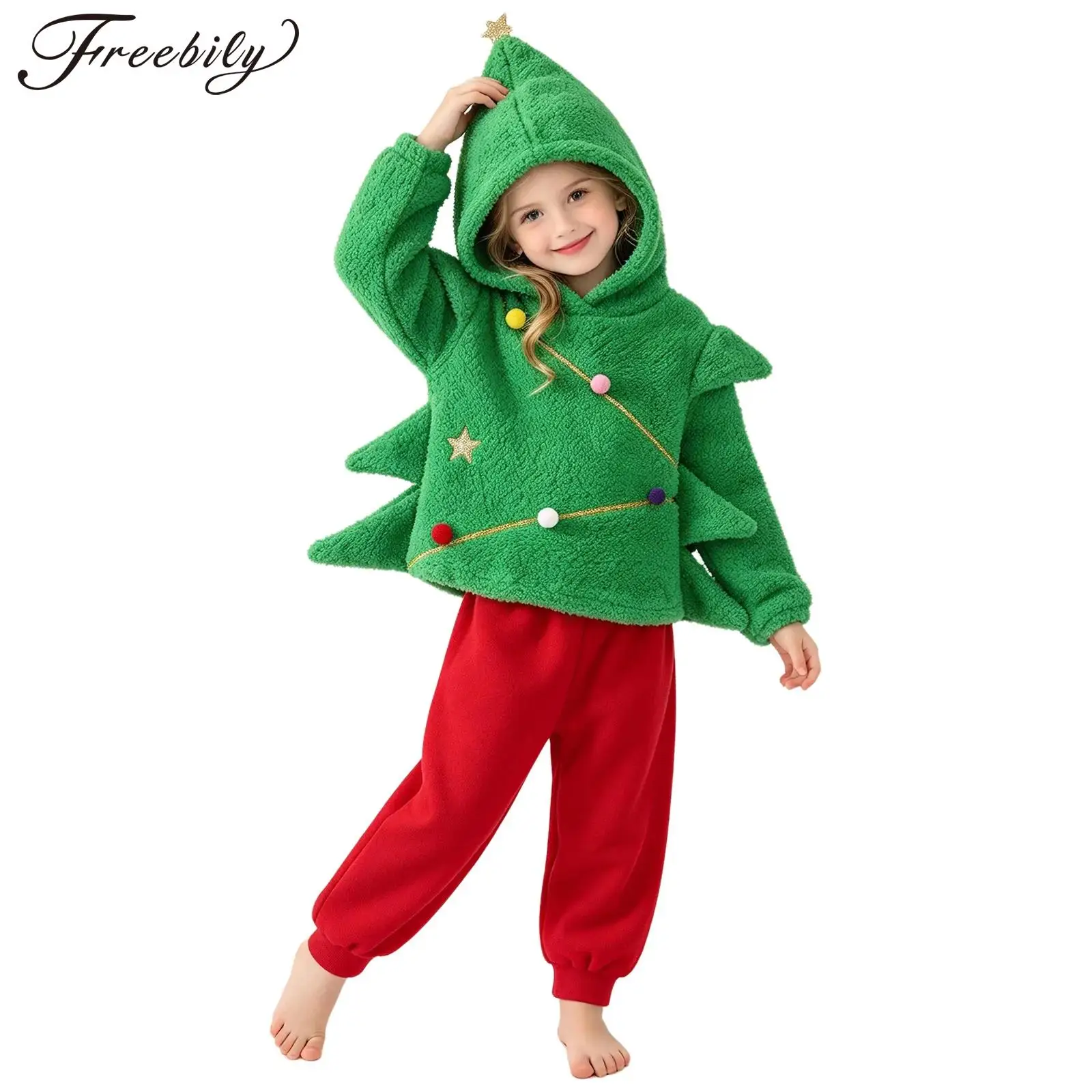 Children Christmas Tree Cosplay Costume Fleece Long Sleeve Colorful Pom Pom Hoodie Top with Pants Xmas New Year Party Dress Up