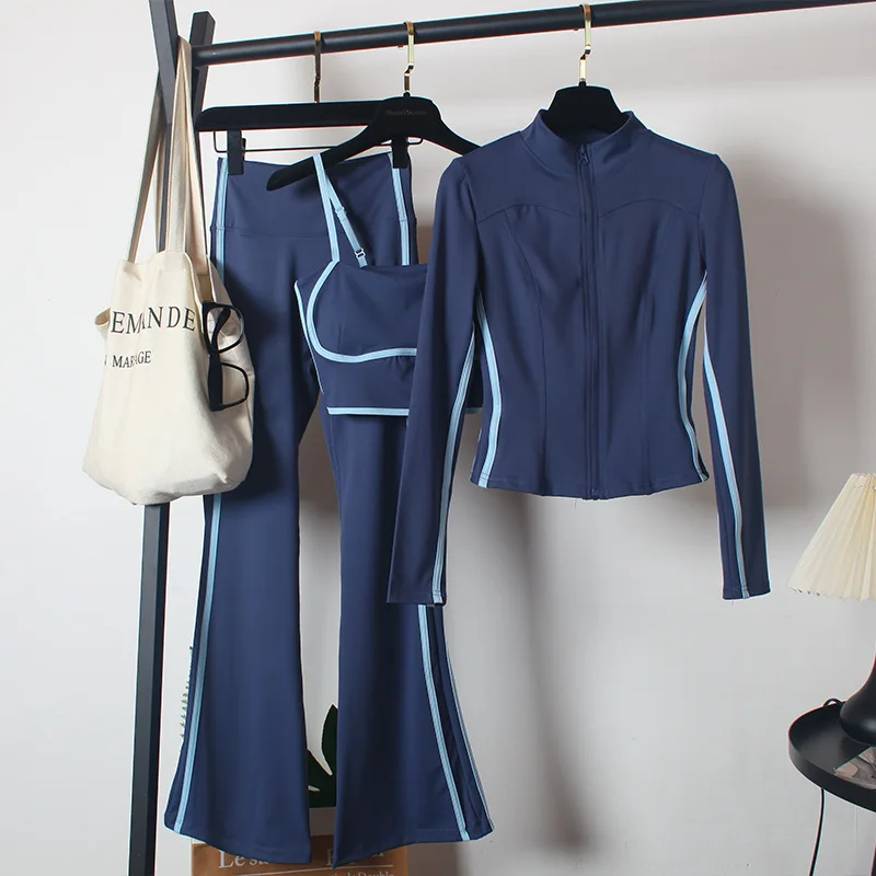 Women's Yoga Costumes 3pcs Set Spring Coat and Bra High-waisted Flared Trousers Dance Morning Runs Costume Outfits for Female