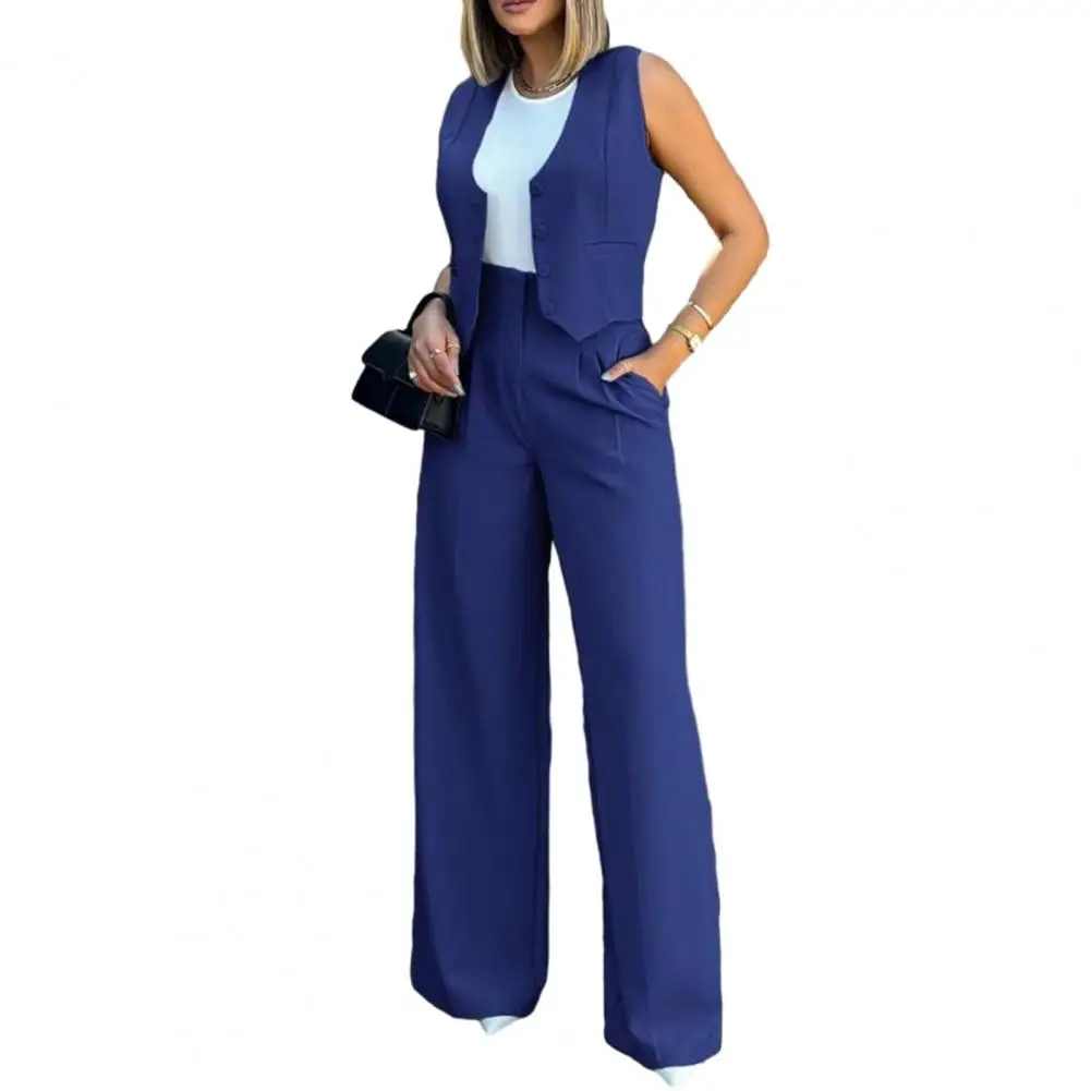 

Women Suit Women Vest Elegant Lady Baggy Pants Set Regular Work Pants Set Sleeveless Vest High Waist Wide Leg Pants 2 Piece Sets