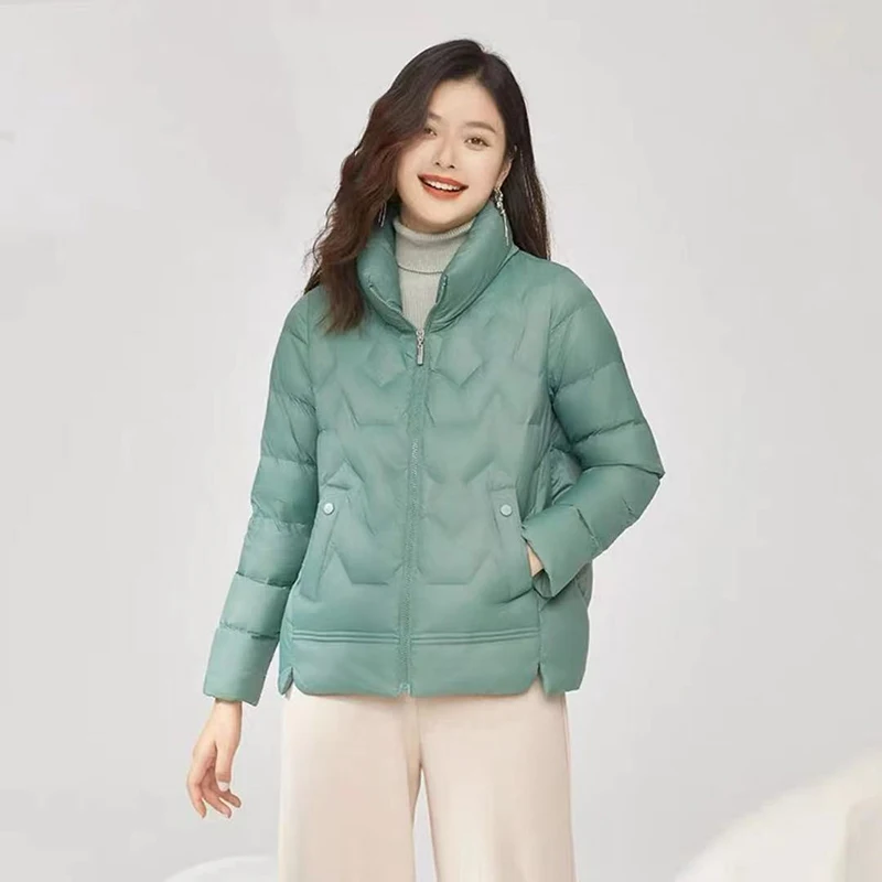 Winter White Duck Down Solid Quilted Cotton Outwears Women Lightweight Stand Collar Down Jacket Female Zipper Warm Slim Jacket