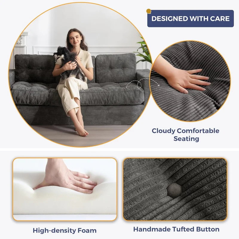 Sofá de 3 lugares para sala de estar, sofá desossado com almofada e encosto capitonés, sofá de chão estofado com braços,