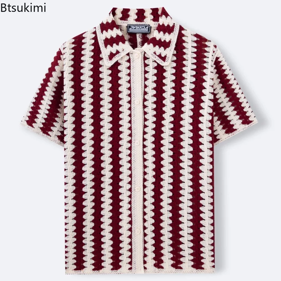 Trendy Men's Knitted Shirts 2025 Summer Casual Hollow Out Breathable Cardigan Tops Vintage Striped Short Sleeve Polo Shirts Male