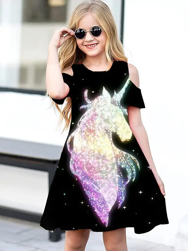 Fashion Girls Rainbow Unicorn Print Sleeveless A-line Casual Dress