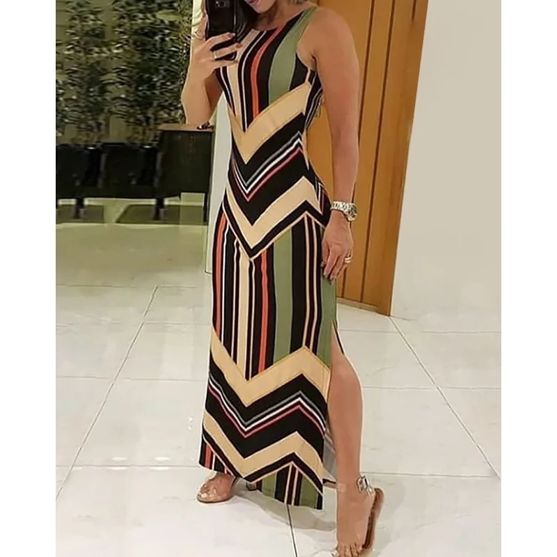 Fashion Geometric Striped Colorful Side Print Slit Sexy Maxi Dress Female Colorblock Sleeveless Long Dresses Slim