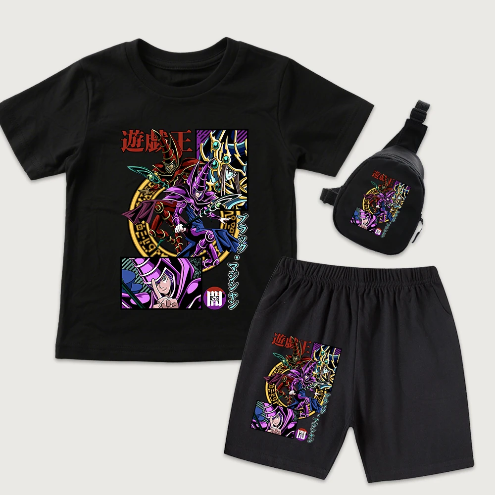 Yu Gi Oh Dark Magician Anime Print Cotton T Shirt and Shorts Set with Mini Chest Bag for Boys Girls Kids Outfit 3 Piece Set
