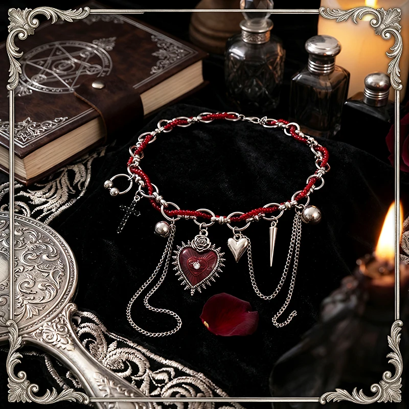 

Dark Gothic Red Beaded Heart Choker Necklaces for Women Fashion Punk Sweet Cool Cross Tassel Necklaces Female Jewelry