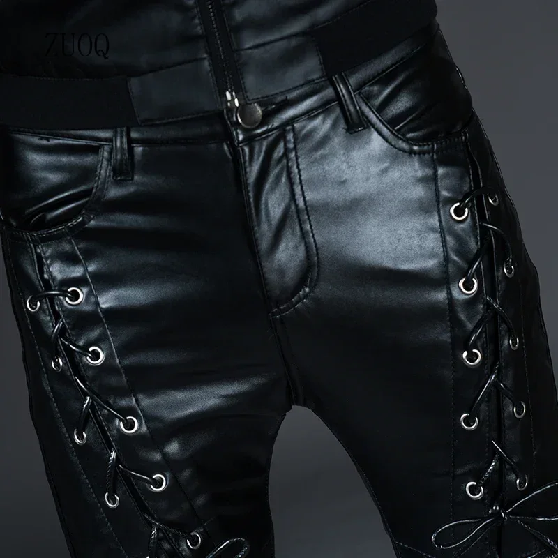 New Winter Spring Mens Skinny Biker Faux Leather Pants Fashion Motorcycle Trousers for Male Trouser Stage Club Wear