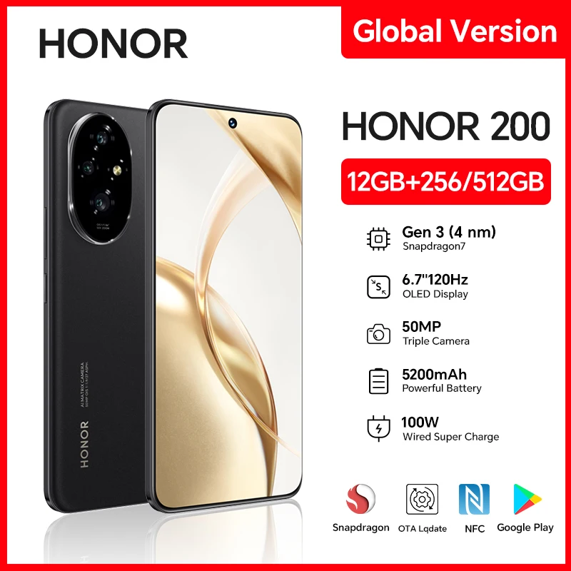 HONOR 200، 12 جيجابايت + 256/512 جيجابايت، شاشة OLED مقاس 6.7 بوصة، 5 جيجا، شحن مزدوج، كاميرا ثلاثية 50 ميجابكسل، شحن سريع، هاتف ذكي يعمل بنظام Android