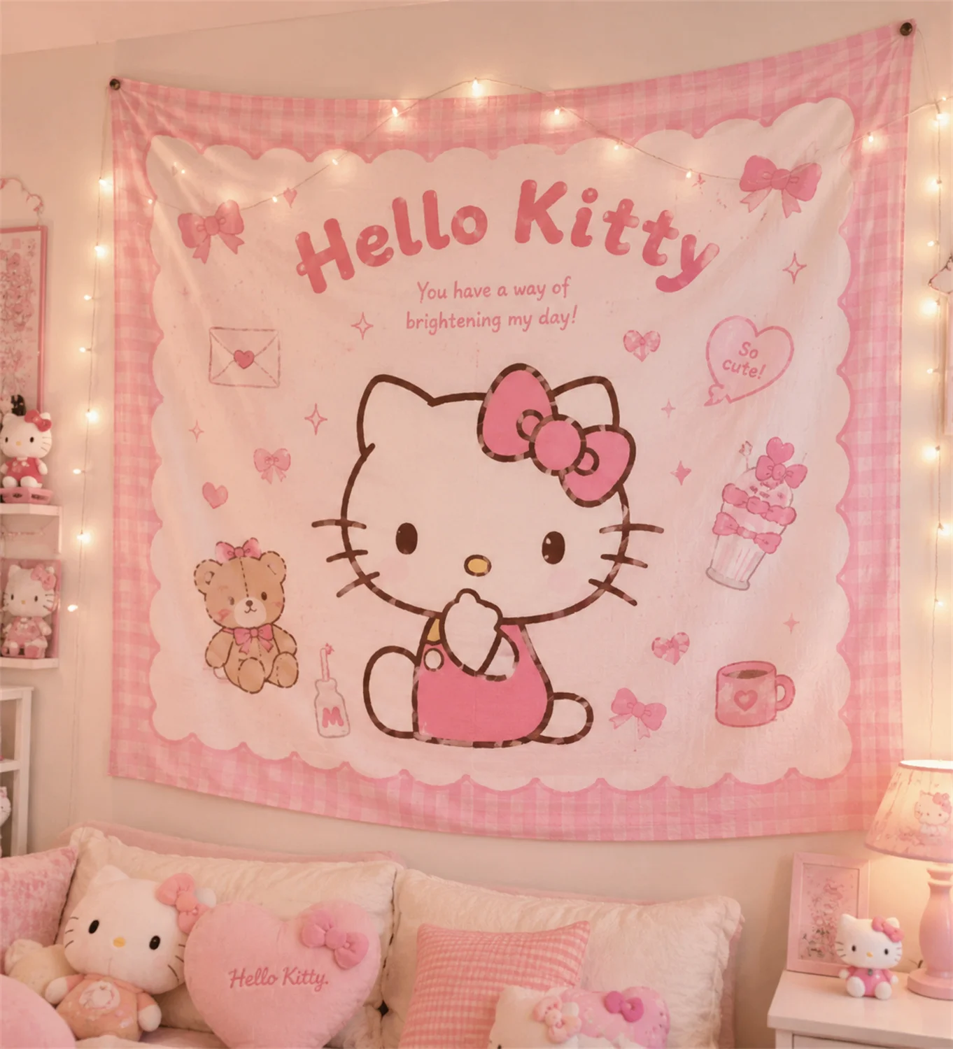 Hello Kitty Pink Gingham Tapestry Kawaii Bear Cherry Wall Hanging Cute Decor for Teen Girls Bedroom Dorm Photo Backdrop