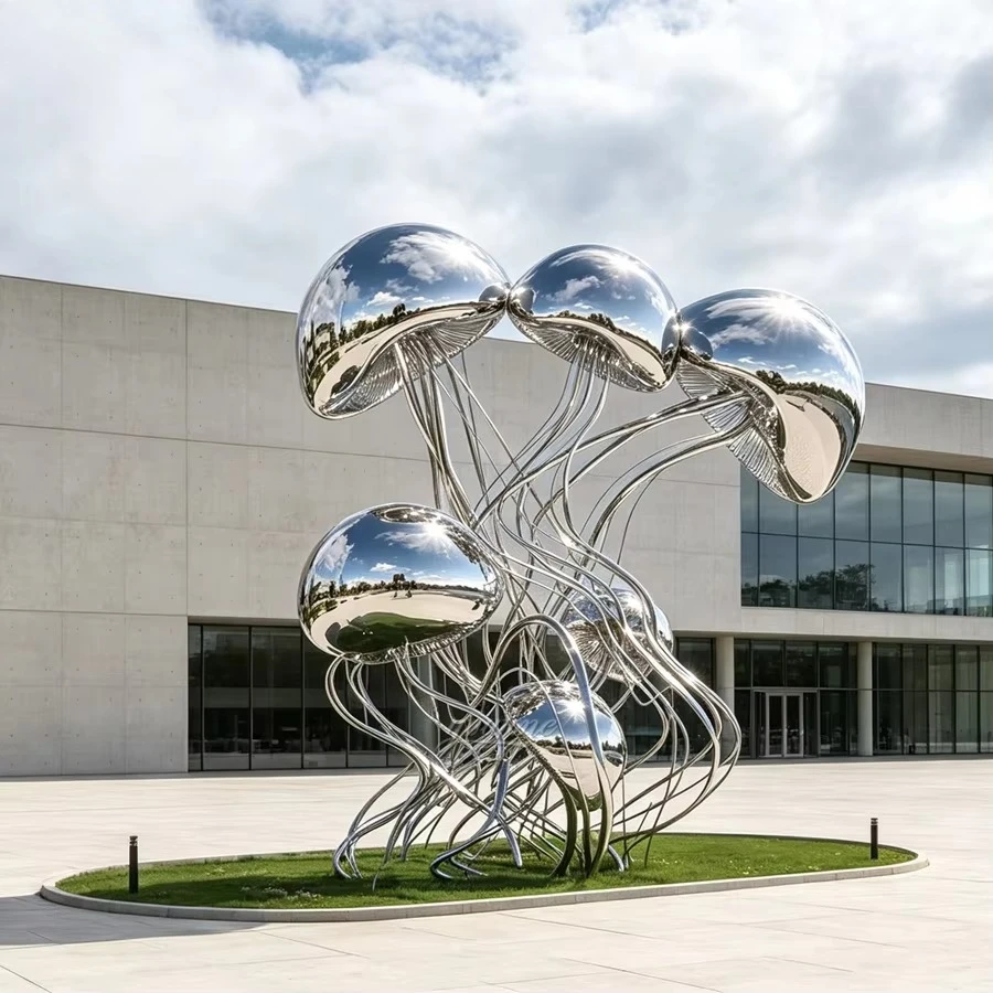 YOUFINE Mirror Polished Stainless Steel Jellyfish Sculpture Curved Tentacle Giant Marine Animal Statue for Coastal Plaza