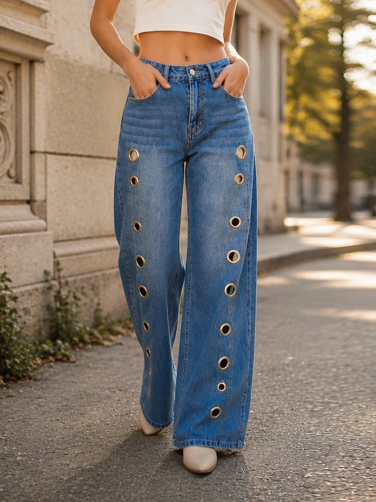 Women Metal Eyelet Wide Leg Denim Jeans Vintage High Waist Cutout Side Loose Washed Side Pockets Chic Streetwear Casual Trousers