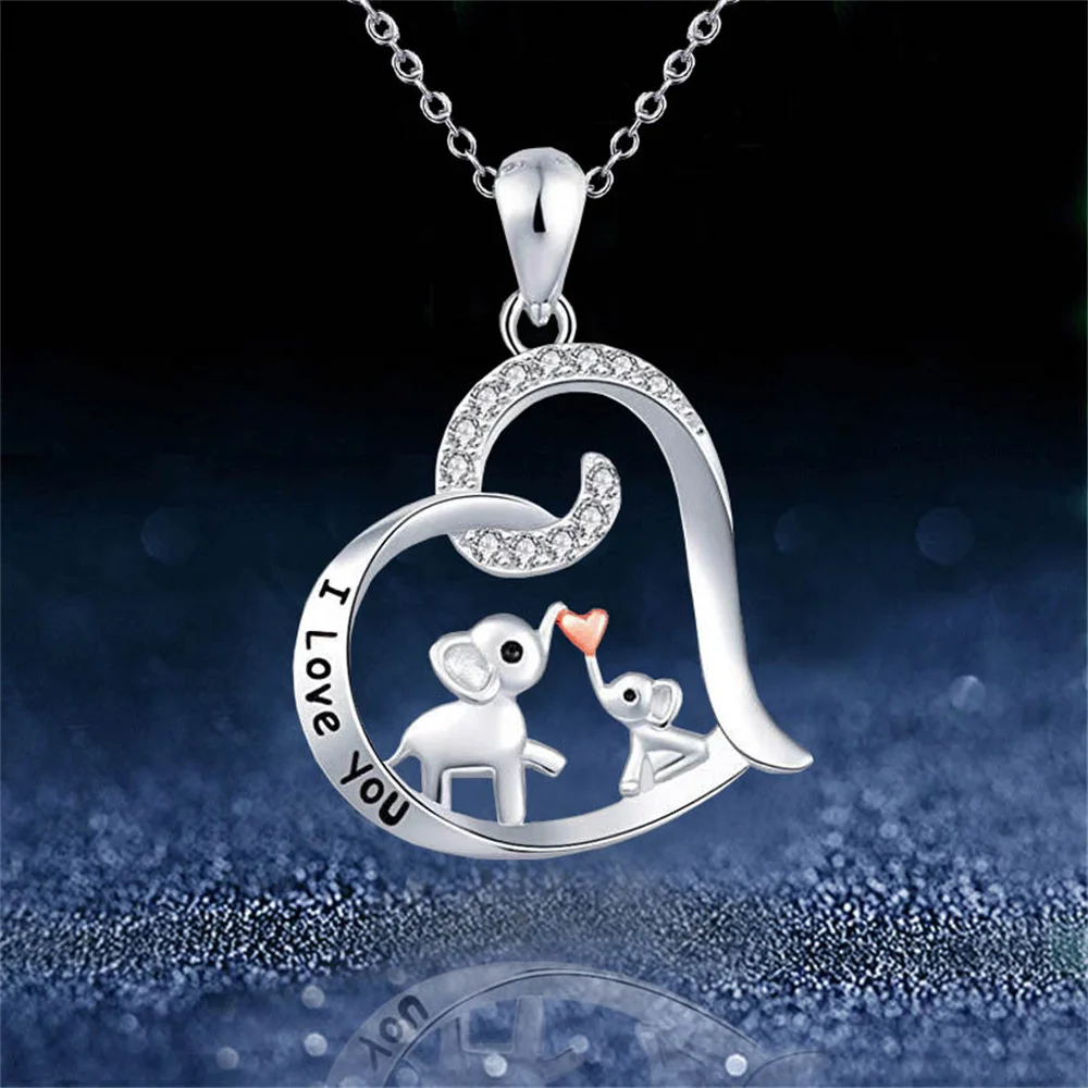 Romantic Heart Little Elephant Kissing Pendant Necklace for Women Mom Crystal Inlaid Zircon Shiny Choker Necklace Fine Jewelry