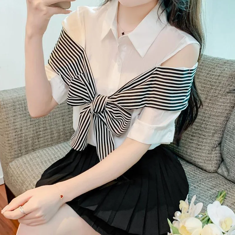 Temperament Off Shoulder Blouse Summer New Short Sleeve Bow Patchwork Solid Hollow Out Shirt Tops Fashion Elegant Women Clothing