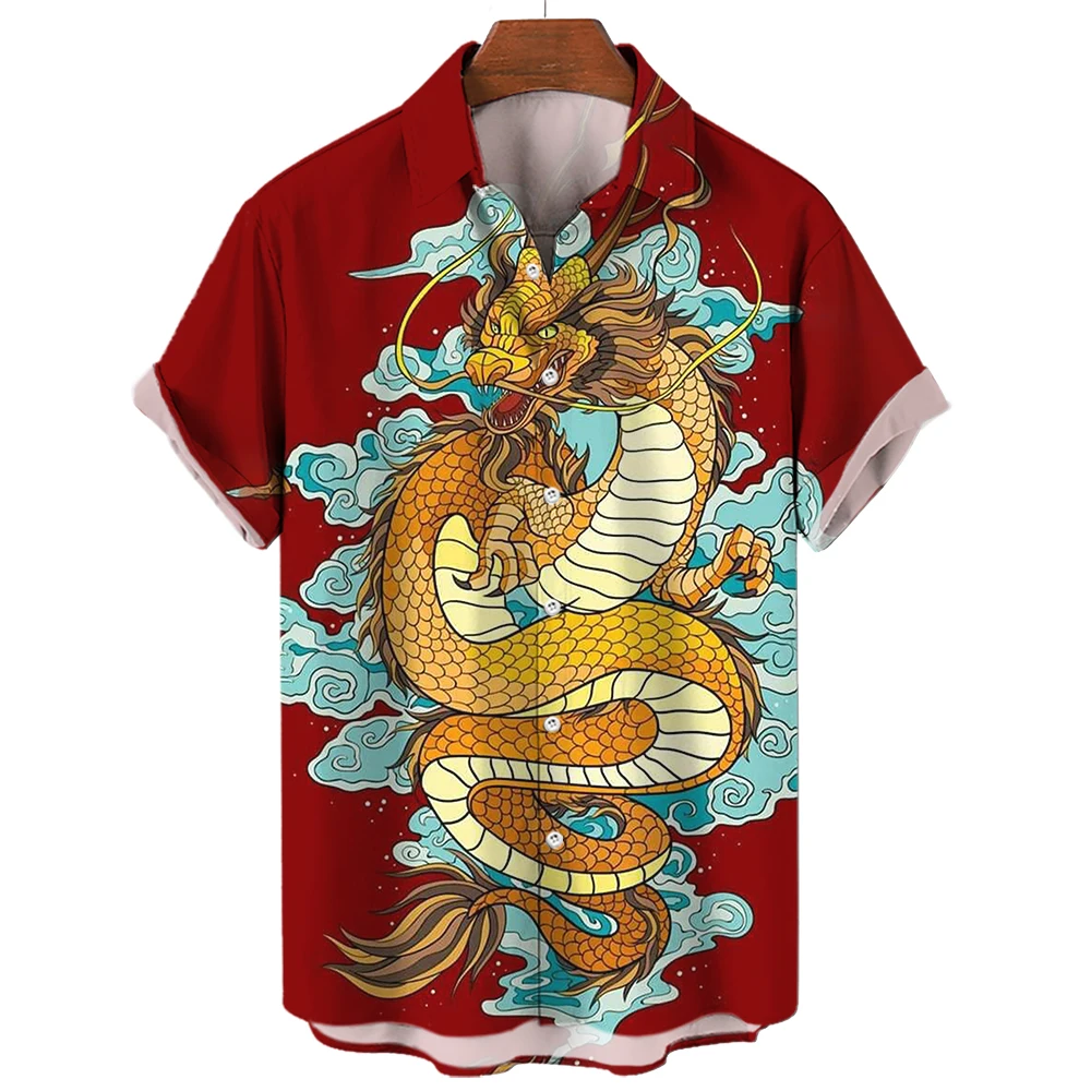 New Chinese China-Chic Cherry Blouse Dragon Print Blouse Boys Street Fashion Retro Collar Short Sleeve Top