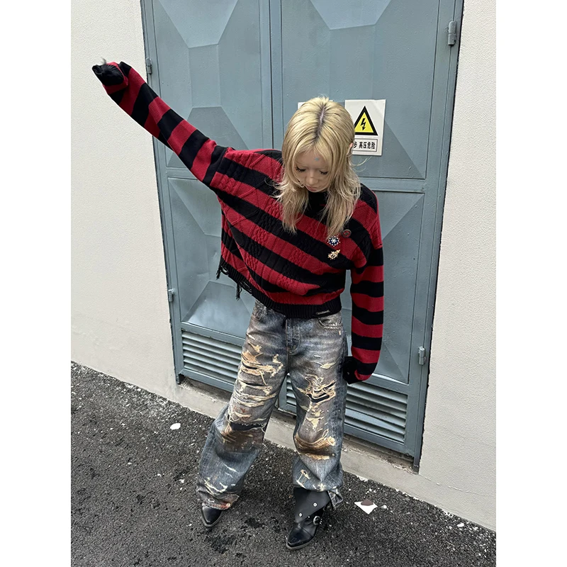 Women's Blue Gothic Y2k Cargo Jeans Harajuku 2000s Trashy Ripped Denim Trousers Streetwear Baggy Jean Pants Vintage Emo Clothes