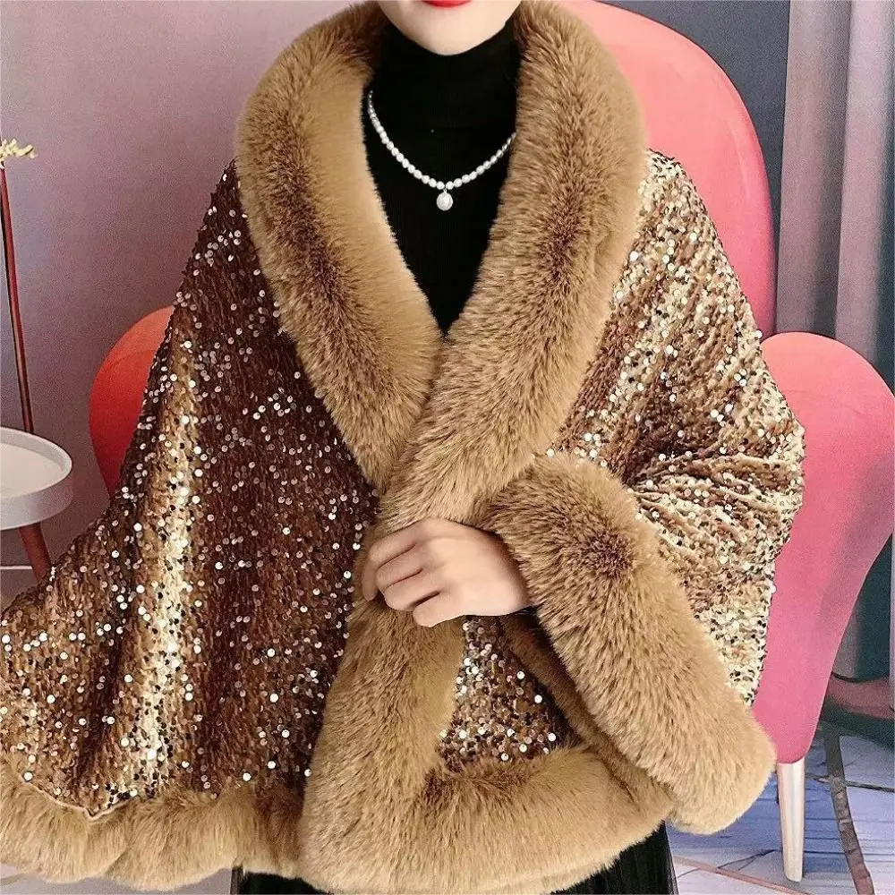 Women Fashion Autumn Winter Plush Shawl Warm Ethnic Style Thicken Cardigan Artificial Wool Striped Fur Collar Sequined Shawl