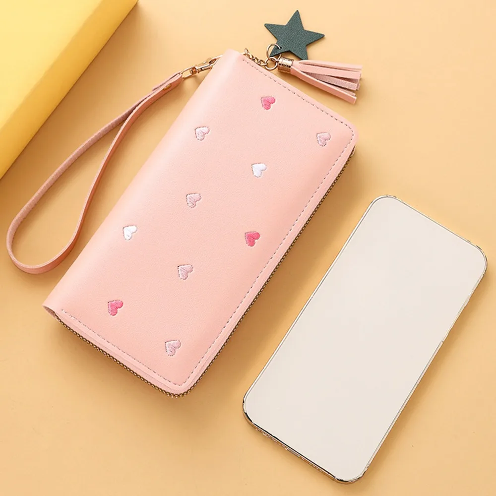 Simples coreano feminino carteira longa borla amor coração grande capacidade carteira dobrável multi-cartões titular saco de embreagem meninas