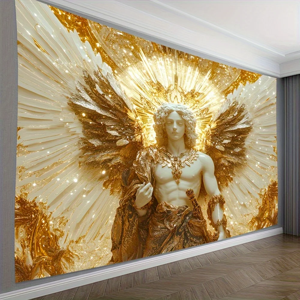 نسيج سانت مايكل أنجل الذهبي والأبيض الفاخر - تصميم سماوي معقد مع نجوم مشعة، مصنوع من البوليستر عالي الجودة