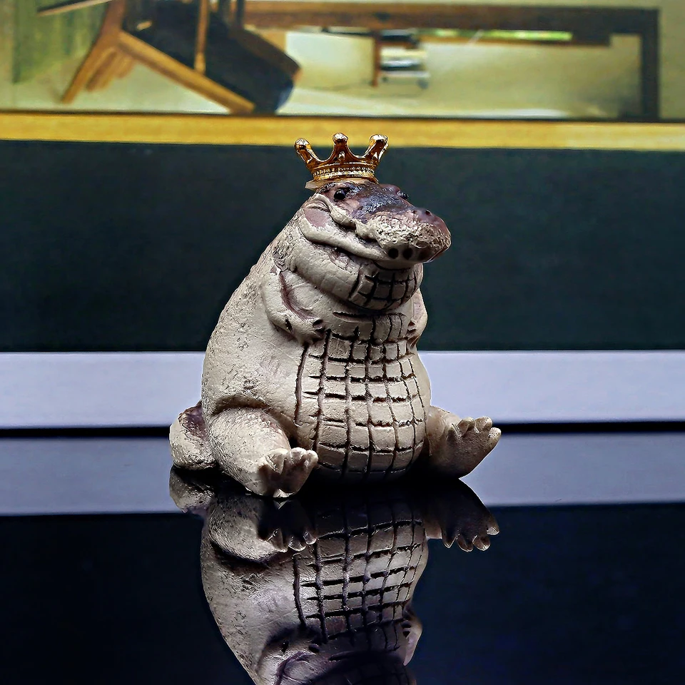 Chubby Crocodile Figurine with Gold Crown Cute Resin Animal Decor