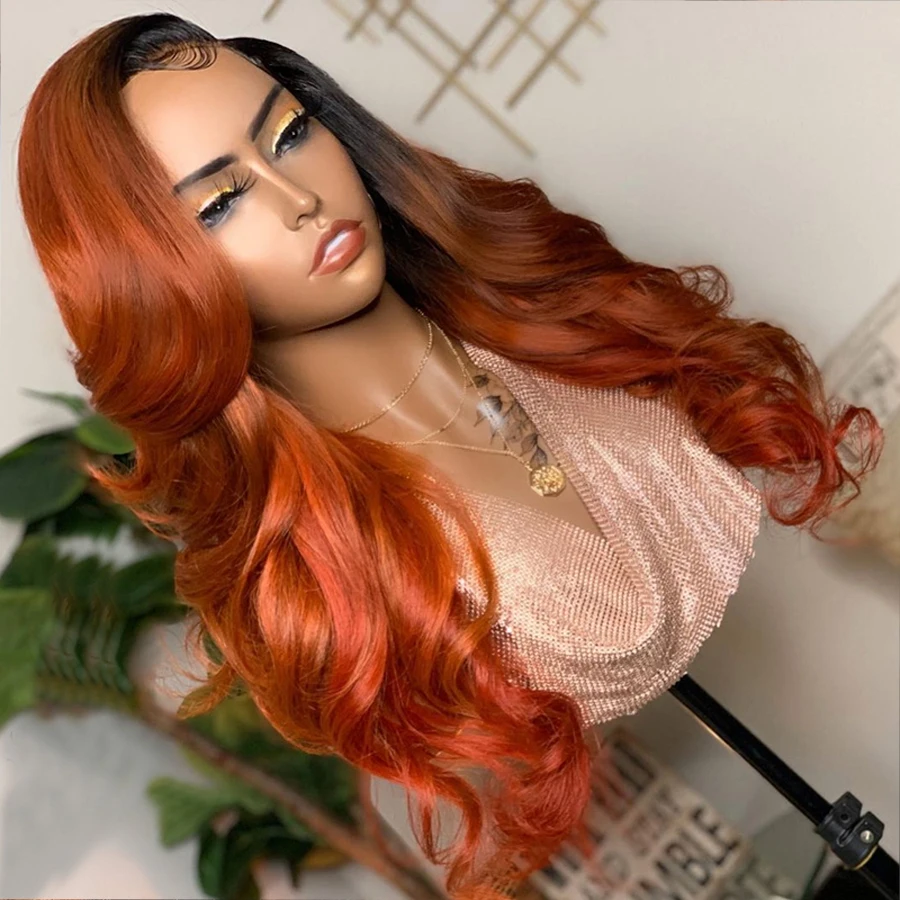 Preplucked Ombre 1B Orange Lace Front Wig Body Wave Synthetic 26inch 180% Density With Baby Hair Glueless