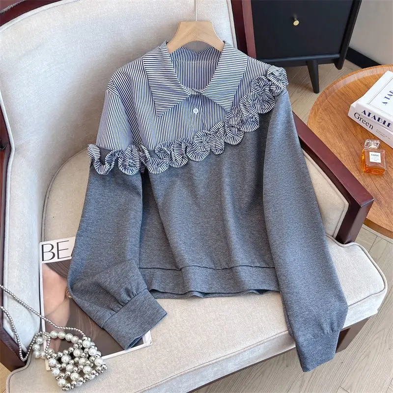 

Осенняя полосатая рубашка с эффектом двухслойности, имитирующая свитер, женская блузка с объемными цветами, дизайнерская модель