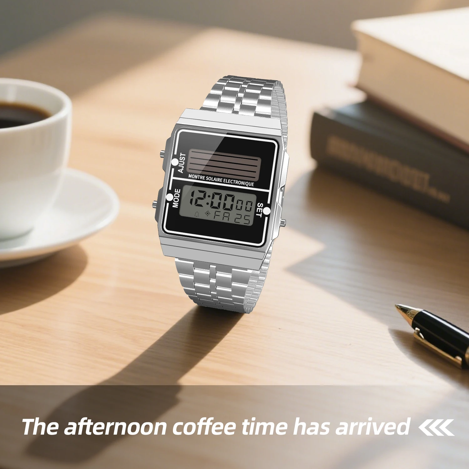 ساعة رقمية للرجال تعمل بالطاقة الشمسية كرونوغراف كرونوغراف بحزام من الفولاذ المقاوم للصدأ مقاومة للماء وساعات إلكترونية رياضية متعددة الوظائف