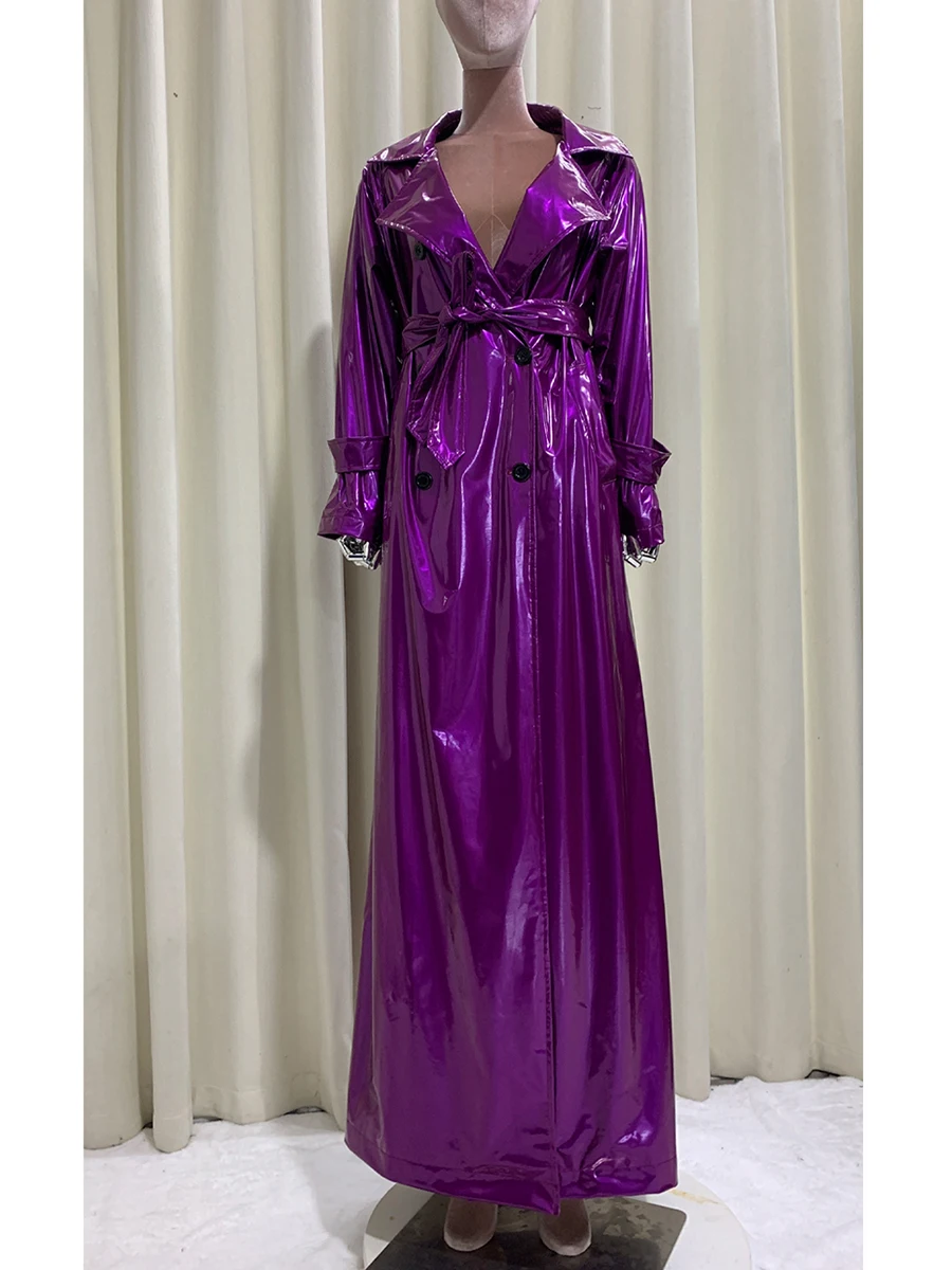 Spring Autumn Extra Long Shiny Reflective Soft Thin Bright Purple Faux Leather Coat Women Luxury Designer Floor Length Clothes