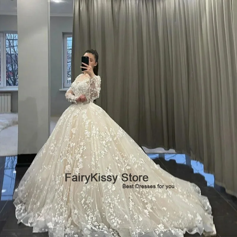 FairyKissy 3D Lace Wedding Dresses Lace Long Sleeve Appliques Bride Dress Vintage Appliques Wedding Gowns 2024