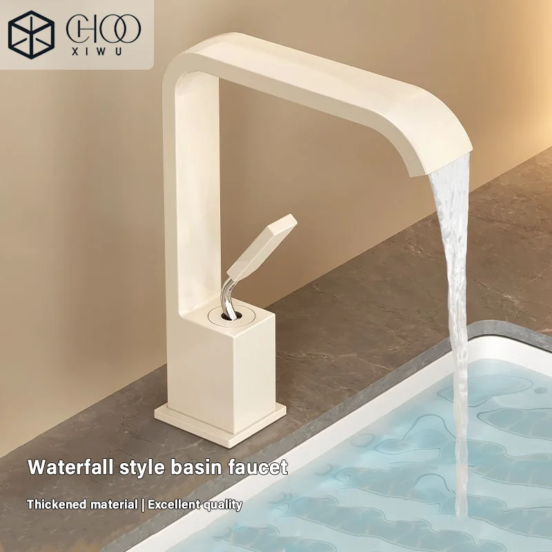 

Cream style white waterfall faucet full copper wash basin wash basin above counter basin bathroom basin hot and cold faucet