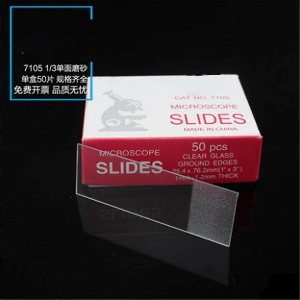 

50pcs Microscope Slides 7105,1"X3"(25.4X76.2),Thickness is 1-1.2MM,50PCS,lab glass;One side 1/3 frosted