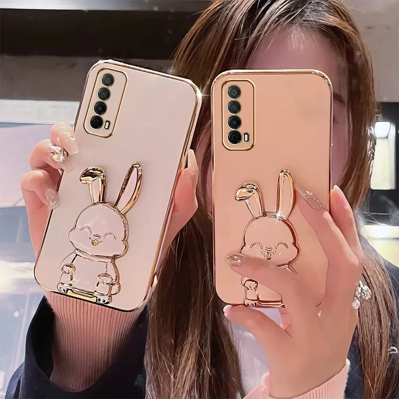 3D Cute Rabbit Trunk Phone Holder Plating Case for Huawei P smart 2021 Y7a Stand Bracket  Cover