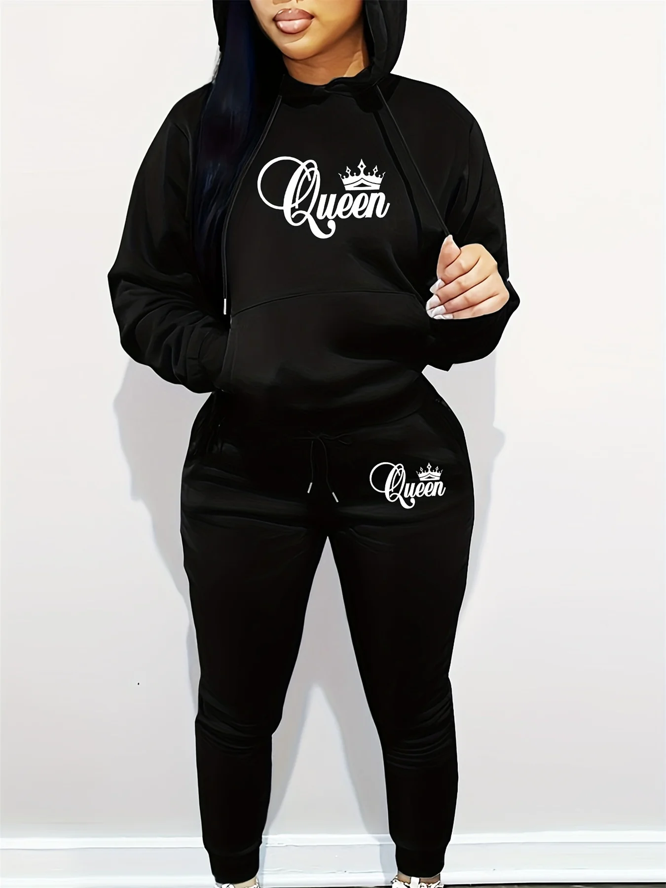 Ensemble sweat à capuche + pantalon de sport pour femmes, Hip Hop Street, décontracté, reine, lettre imprimée, chemise de sport ample, vêtements chauds en polaire, automne