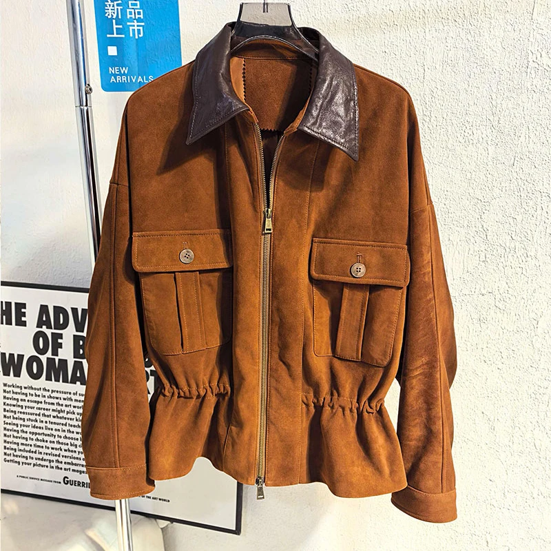 سترة شتوية من جلد الغزال الأصلي للسيدات موضة التلبيب جيب الرباط معطف جلد الغنم فضفاض النحيف Naturalna Sk oorzana Kurtka Damska #3