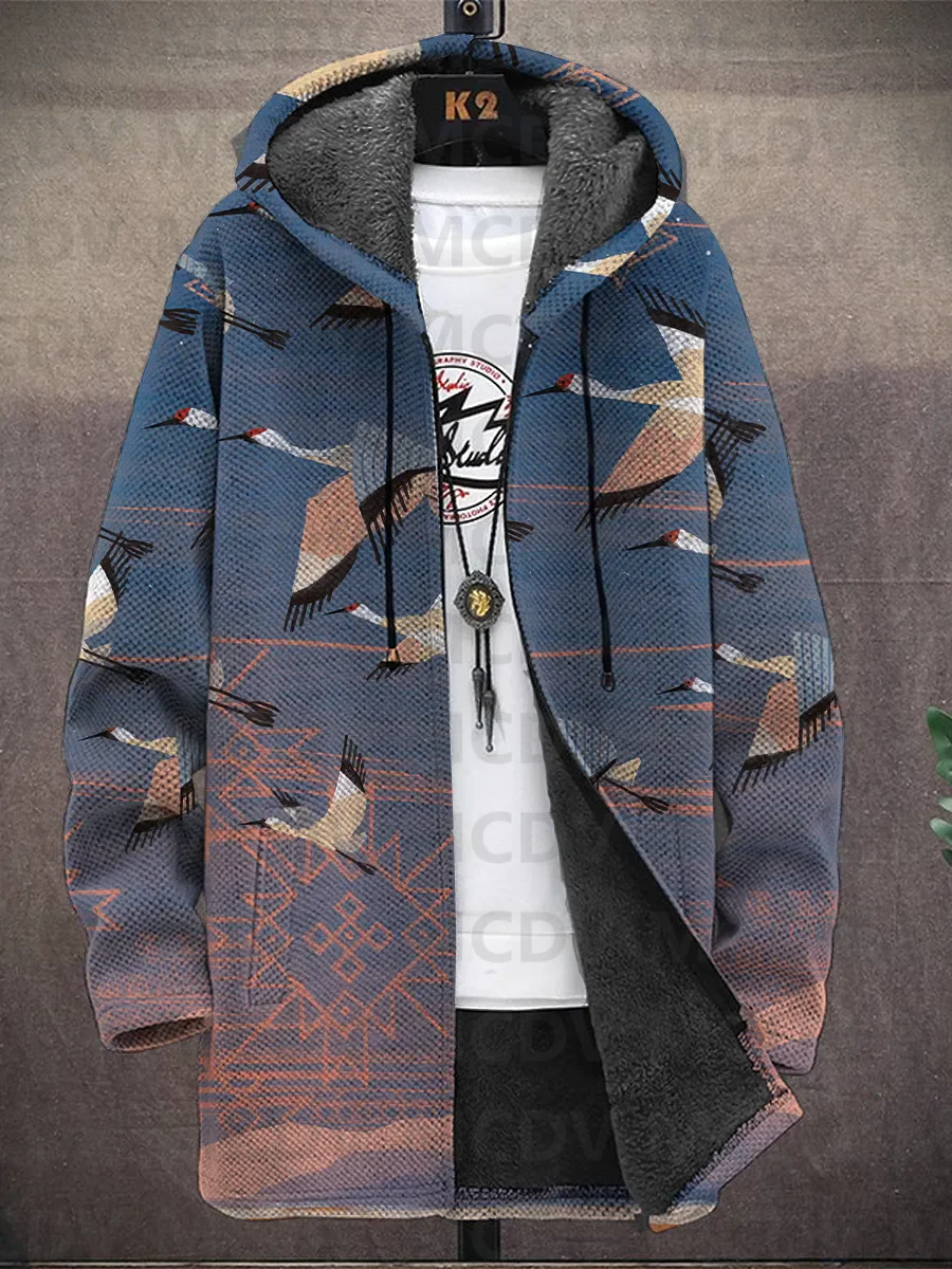 Men\'s Japanese Style Crane Print Hooded Two-Pocket Fleece Cardigan Jacket