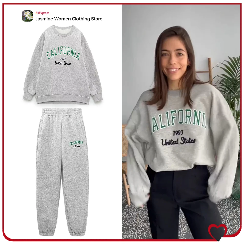 

Women Preppy Style Tracksuits Gray Sports Pant Sets Round Neck Long Sleeves Sweatshirt and Jogger Pants with Contrast Embroidery