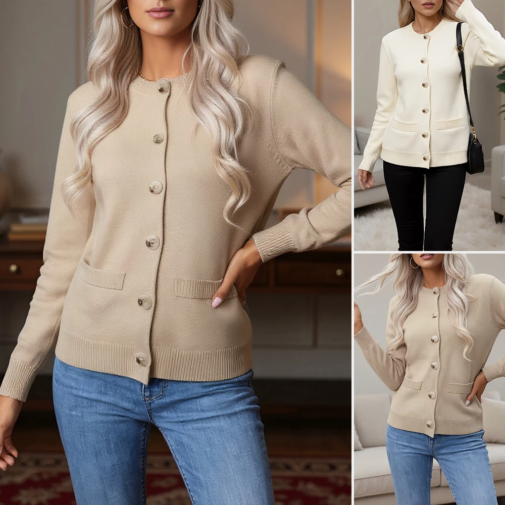 

Женский элегантный вязаный кардиган, осень-зима 2022, длинный рукав, круглый вырез, дизайн на пуговицах, модный однотонный повседневный базовый свитер