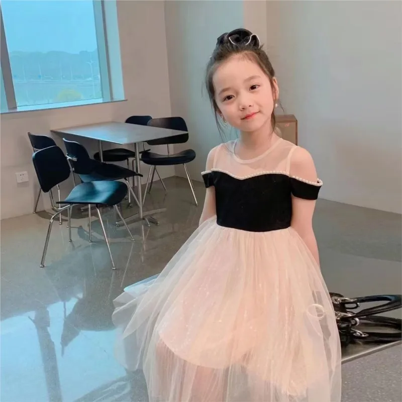 2025 new Summer Girls Baby Shoulderless Mesh Birthday Party DressKids Girl Vestidos Children Clothes