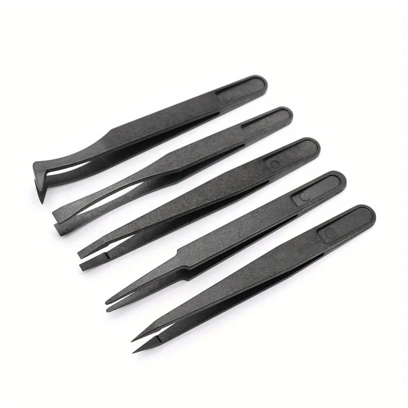 8pcs/set Portable Black Straight Bend Anti-static Plastic Tweezer Heat Resistant Repair Tool