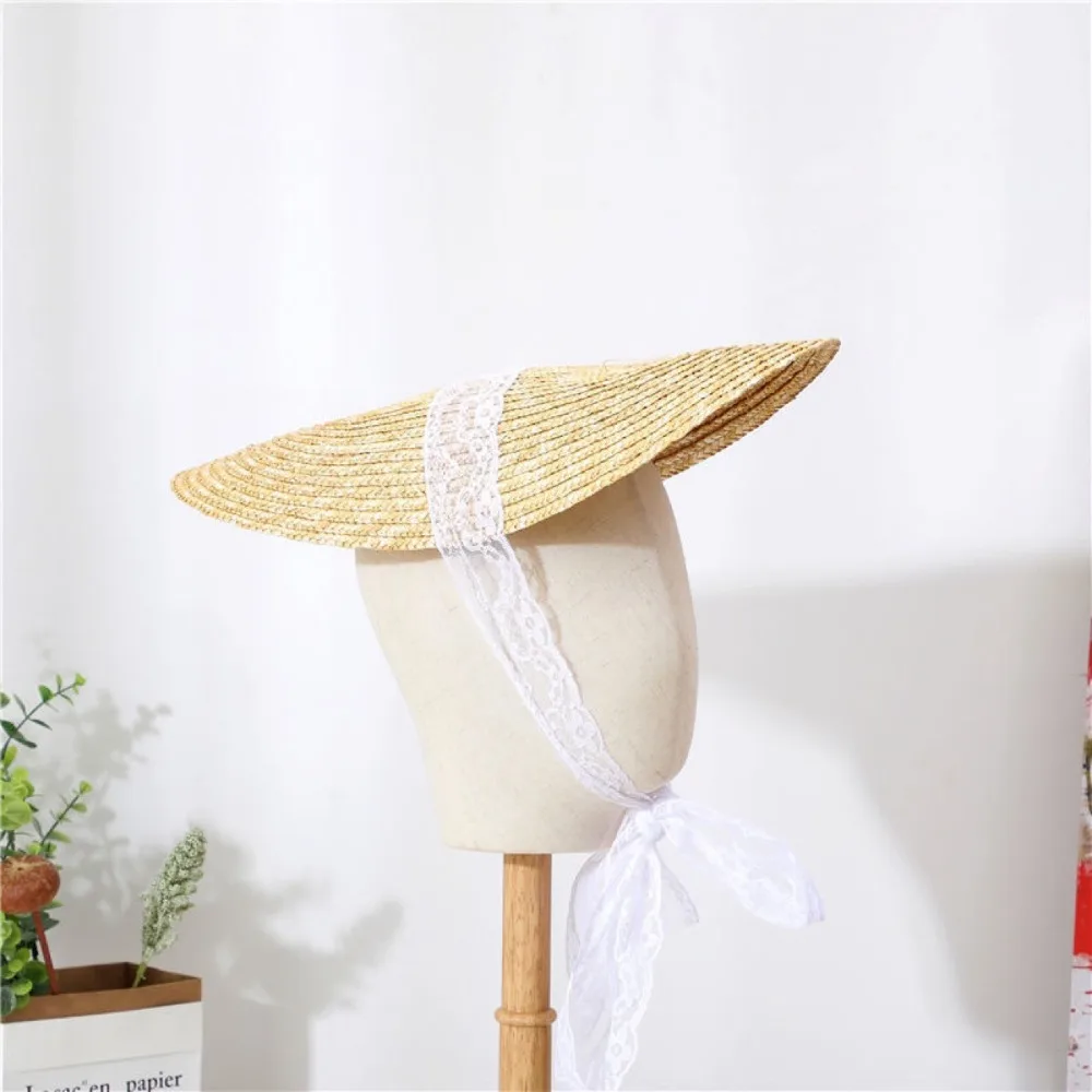 French Style Lolita Straw Hat Victorian Bonnet Handmade Beach Hat Sweet Lace-up Hair Accessories Flat Top Hat view 5