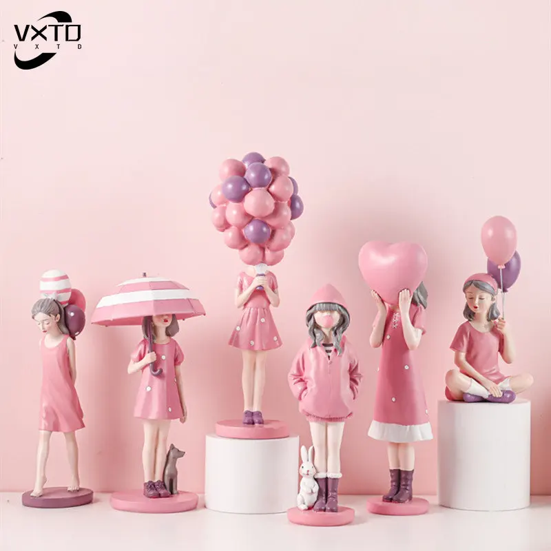 

Nordic Sweet Pink Fashion Balloon Girl Figurines Ornaments Kawaii Room Decor Dressing Table Crafts Decor Bithday Gift for Girl