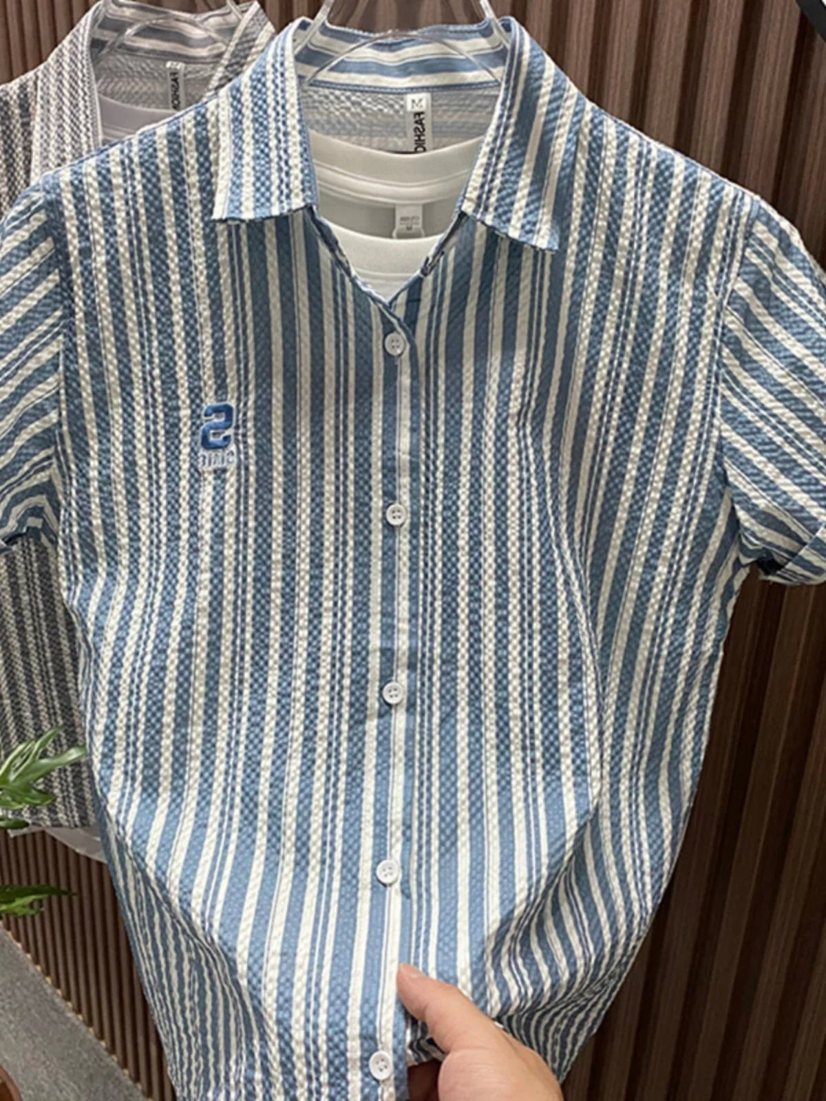 

Casual Blue Striped ort Sve Men's irt Summer Thin Non-iron Breathable Slim Fit Collar Embroidery irt Youth Faion