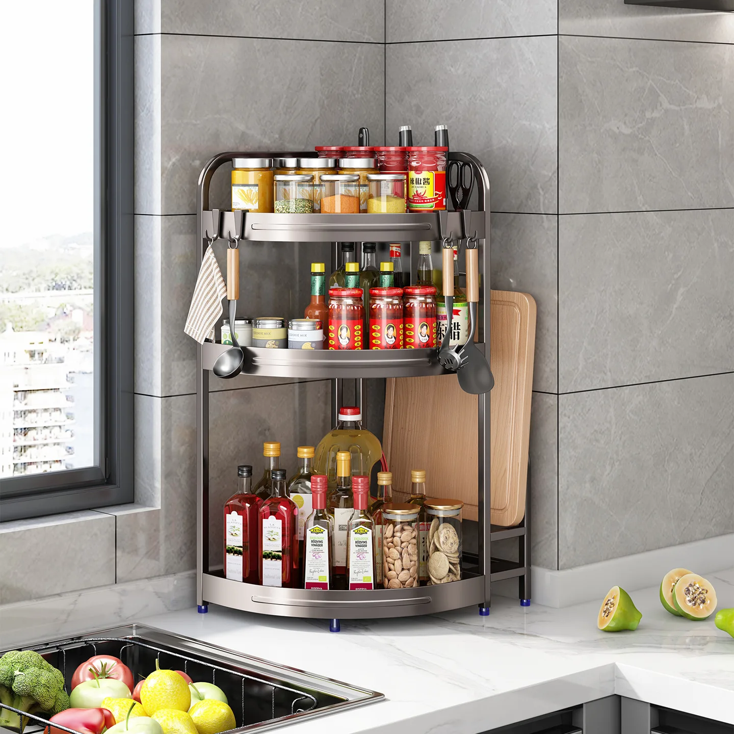 

YFY Kitchen Storage Rack Corner Tripod Oil Salt Sauce Vinegar Multifunctional Household Countertop Knife Seasoning Shelf