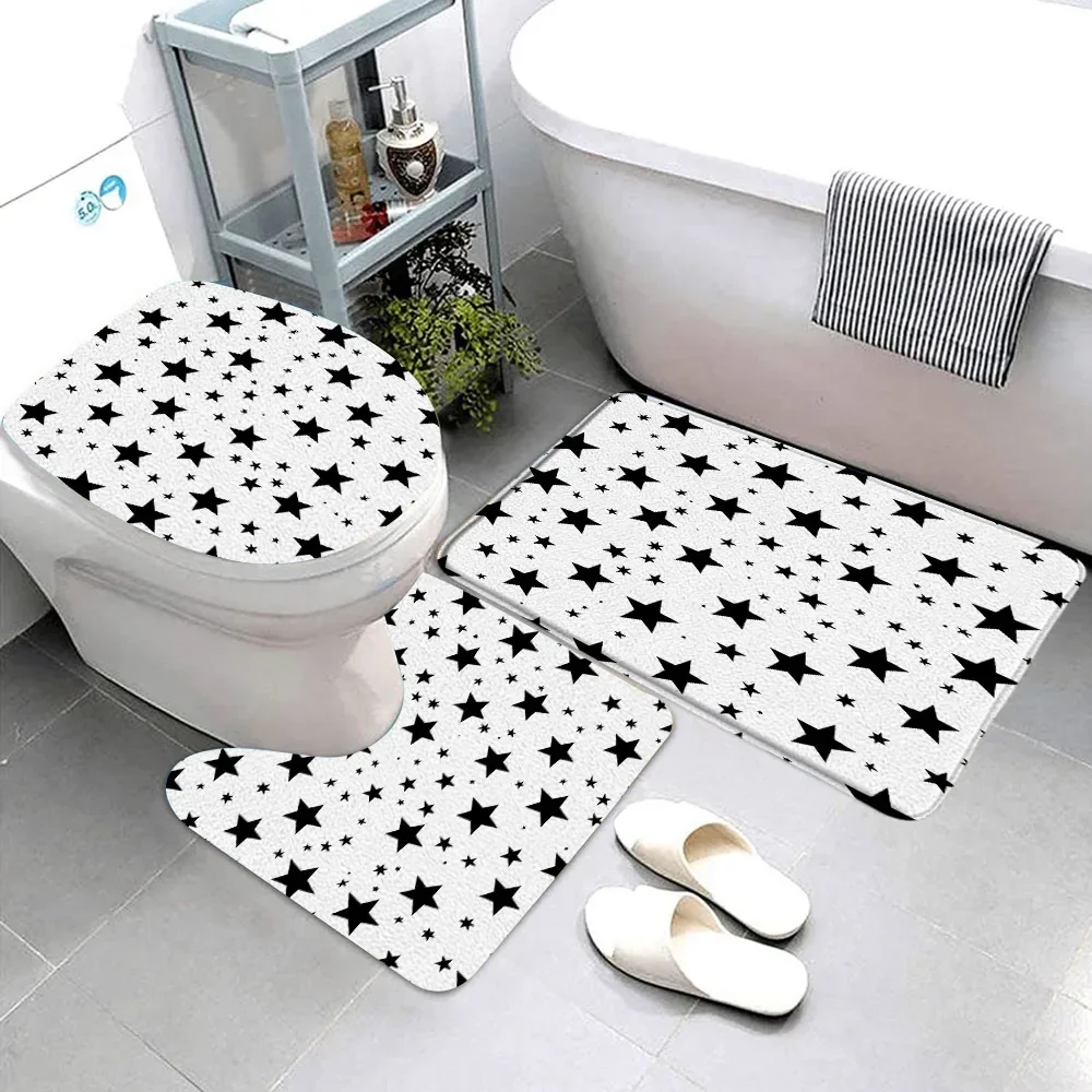 3 Pcs Colourful Hearts Pink Polka Dots Black and White Stars Bathroom Carpet Set Stars Cloud Bath Mat Toilet Seat Bathroom Decor