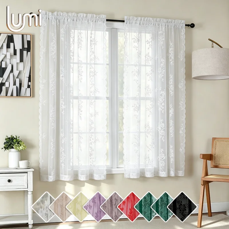 French Lace Sheer Curtain Semi Blackout Window Gauze Romantic Lace Drape Privacy Protection for Bedroom Living Room Home Decor